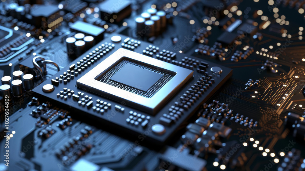 Fototapeta premium Quantum computer concept with a CPU processor, showcasing intelligent quantum qubit computing technology for advanced tech and computing themes with copy space