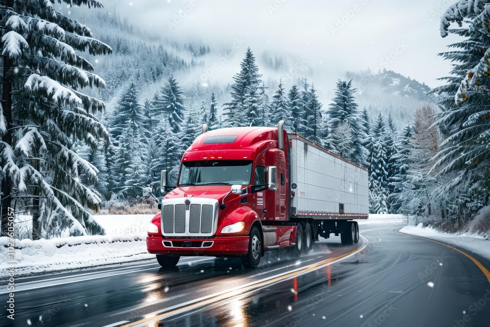 Red semi-truck driving on a snowy road through a forest. Red semi-truck driving on a snowy road through a forest.