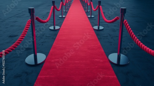 Red carpet leading to an event with velvet rope stanchions on either side. photo