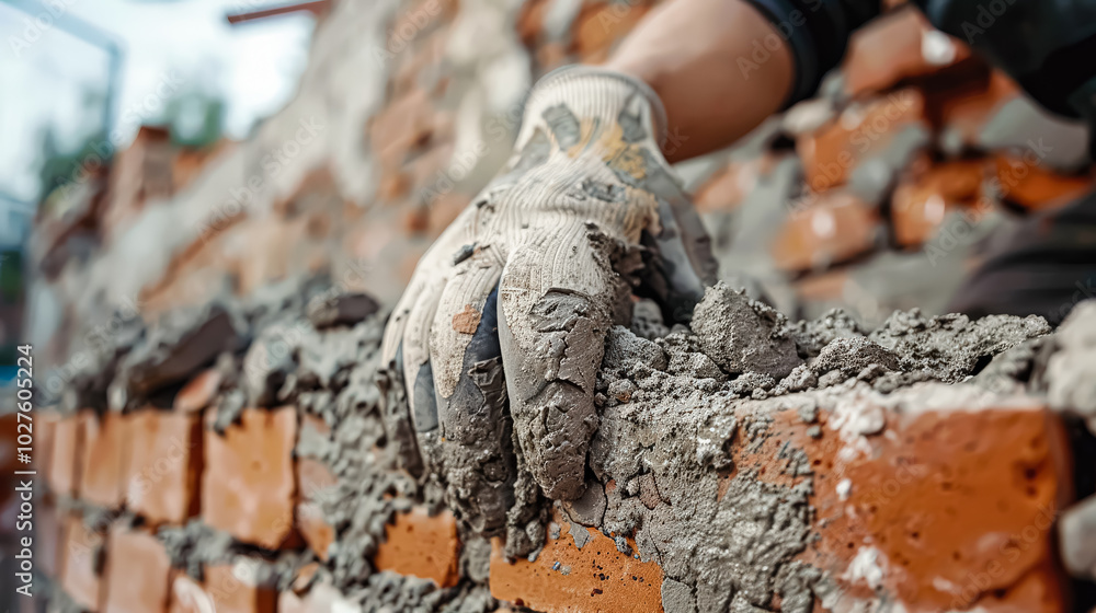 Brick wall is being built with a trowel. The brick is red and the wall is being built with a cement mixture Brick wall is being built with a trowel. The brick is red and the wall is being built with a cement mixture