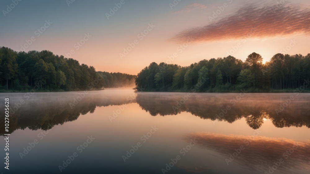 Serene sunrise at a mist-covered lake, with reflections of trees and soft pastel hues in the sky. A beautiful, tranquil scene capturing the essence of a quiet morning Serene sunrise at a mist-covered lake, with reflections of trees and soft pastel hues in the sky. A beautiful, tranquil scene capturing the essence of a quiet morning