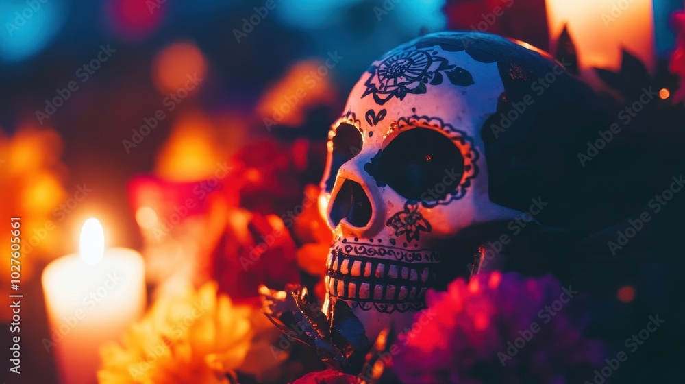 A vibrant sugar skull adorned with intricate floral designs, surrounded by marigolds and illuminated by soft candlelight, embodies the spirit of Day of the Dead celebrations. A vibrant sugar skull adorned with intricate floral designs, surrounded by marigolds and illuminated by soft candlelight, embodies the spirit of Day of the Dead celebrations.