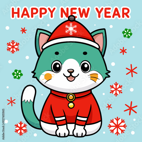 A cute cartoon cat wearing a red sweater and Santa hat cheerfully announces Happy New Year