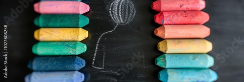 Panel kuchenny z motywem Colorful chalk sticks arranged on a black chalkboard with a drawing of a spoon.