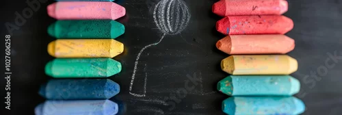 Panel kuchenny z motywem Colorful chalk sticks arranged on a black chalkboard with a drawing of a spoon.
