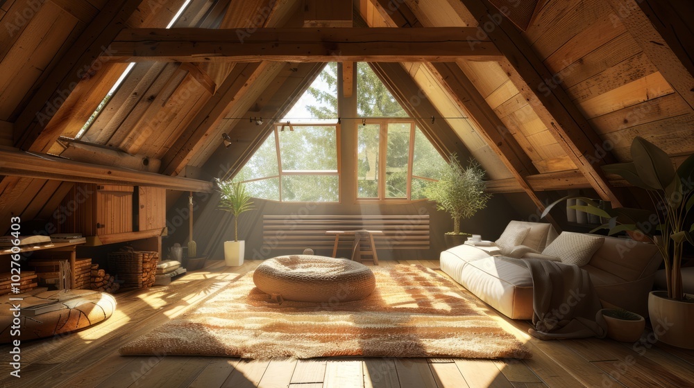 Interior of attic room with wooden beams and daylight. Interior of attic room with wooden beams and daylight.