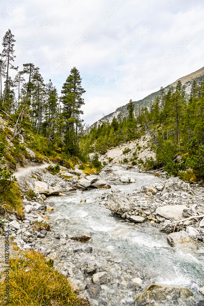 Zernez, Ofenpass, Bach, Ova dal Fuorn, Wanderweg, Uferweg, Passstrasse, Engadin, Nationalpark, Alpen, Herbst, Herbstfarben, Graubünden, Schweiz Zernez, Ofenpass, Bach, Ova dal Fuorn, Wanderweg, Uferweg, Passstrasse, Engadin, Nationalpark, Alpen, Herbst, Herbstfarben, Graubünden, Schweiz