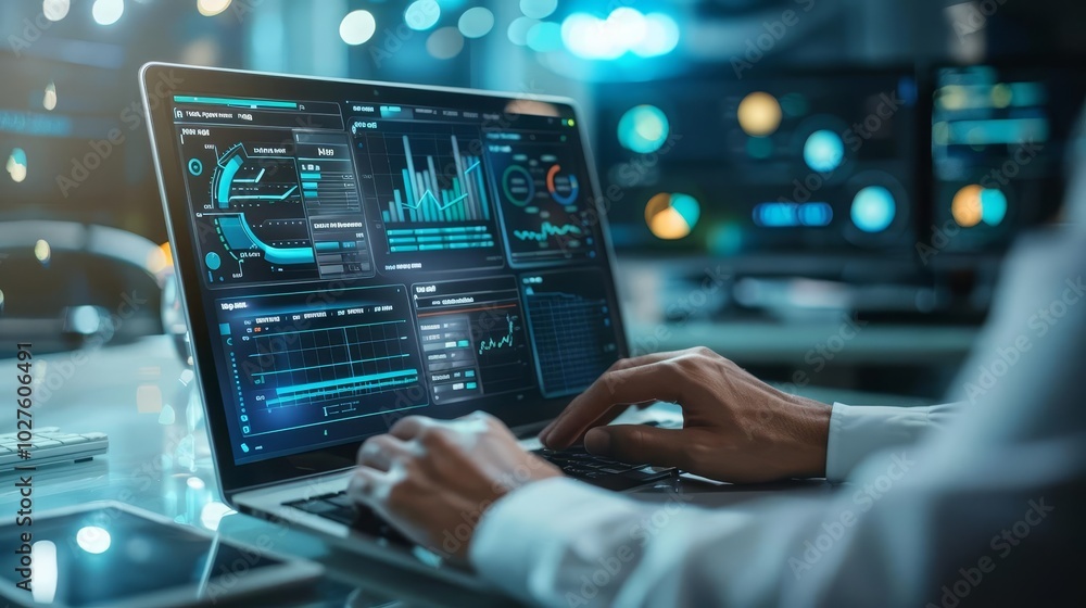 Person working on laptop with data visualization and charts. Person working on laptop with data visualization and charts.