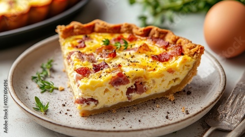 A slice of quiche Lorraine with bacon, eggs, and cheese in a flaky crust.