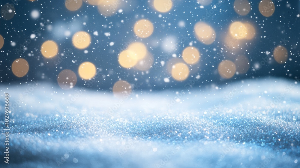 A snowy winter scene with bokeh lights in the background. A snowy winter scene with bokeh lights in the background.