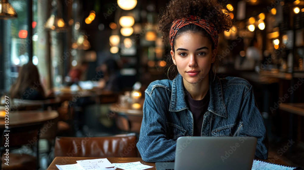 Young woman sitting at a cafe table working on her laptop. Young woman sitting at a cafe table working on her laptop.