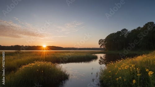 A serene morning at a small lake with wildflowers in the foreground and the sun rising over the horizon. The golden light bathes the landscape, creating a peaceful and idyllic atmosphere.