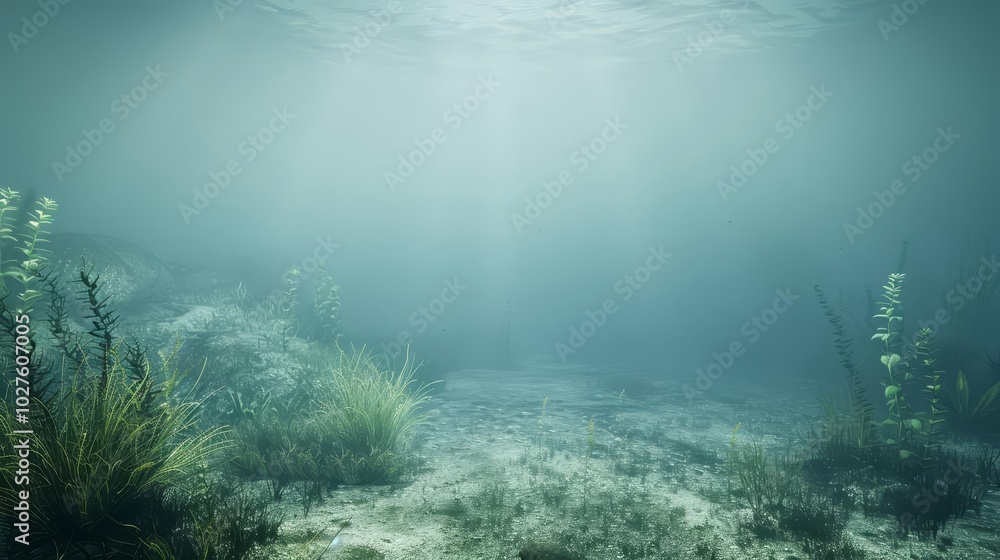 Fototapeta premium Sunbeams illuminate the ocean floor, illuminating the seagrass and algae.