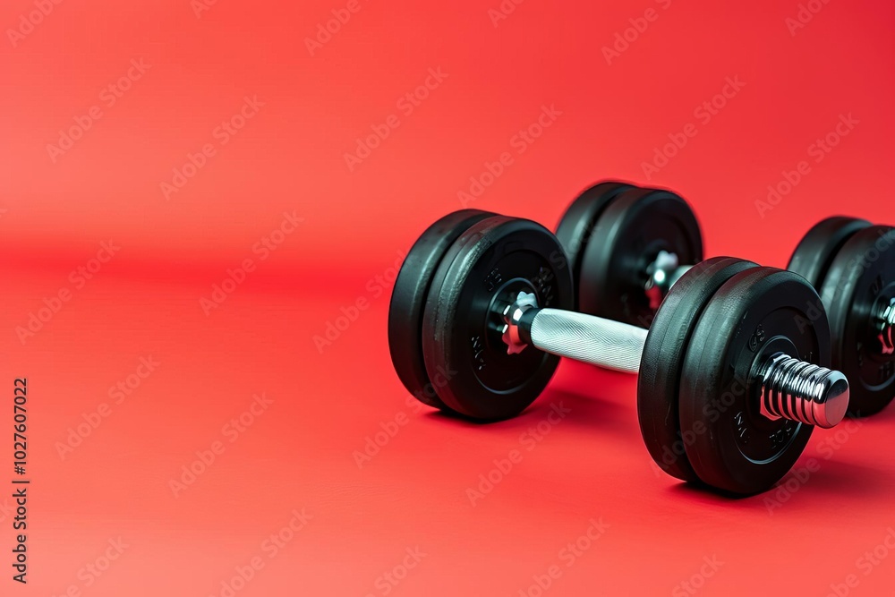 Exercise weights on a bright red background With copy space Exercise weights on a bright red background With copy space
