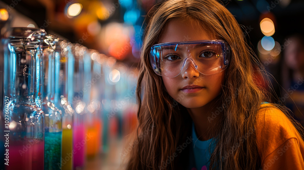 Young scientist with colorful liquids in beakers. Young scientist with colorful liquids in beakers.