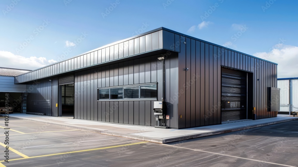 Obraz premium Modern industrial building with metal siding and large garage door.