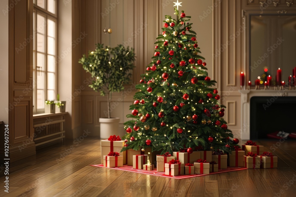 Beautifully decorated Christmas tree with presents in a luxurious living room. Beautifully decorated Christmas tree with presents in a luxurious living room.