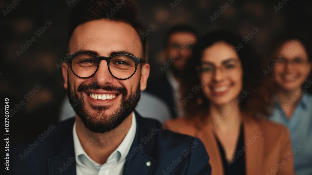 Smiling man in glasses looking at camera with group of people in background. Smiling man in glasses looking at camera with group of people in background.