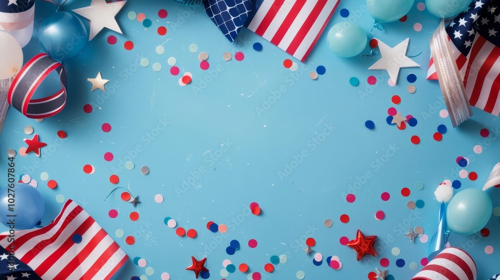 Obraz premium Patriotic 4th of July background with red, white, and blue decorations.