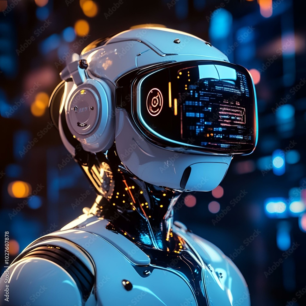 Futuristic robot with VR headset in a digital world