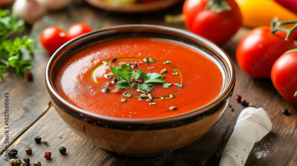 Fresh Tomato Soup in a Rustic Bowl with Herbs Fresh Tomato Soup in a Rustic Bowl with Herbs