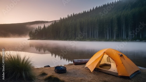 Camping by a calm lake at sunrise, with mist covering the water and a tent glowing with warm light. A peaceful and idyllic setting for an early morning outdoor adventure