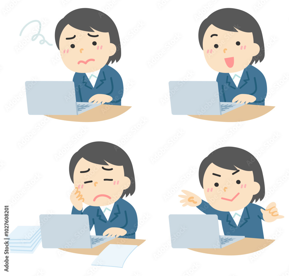 パソコンで作業している女性のイラスト塗りセット パソコンで作業している女性のイラスト塗りセット