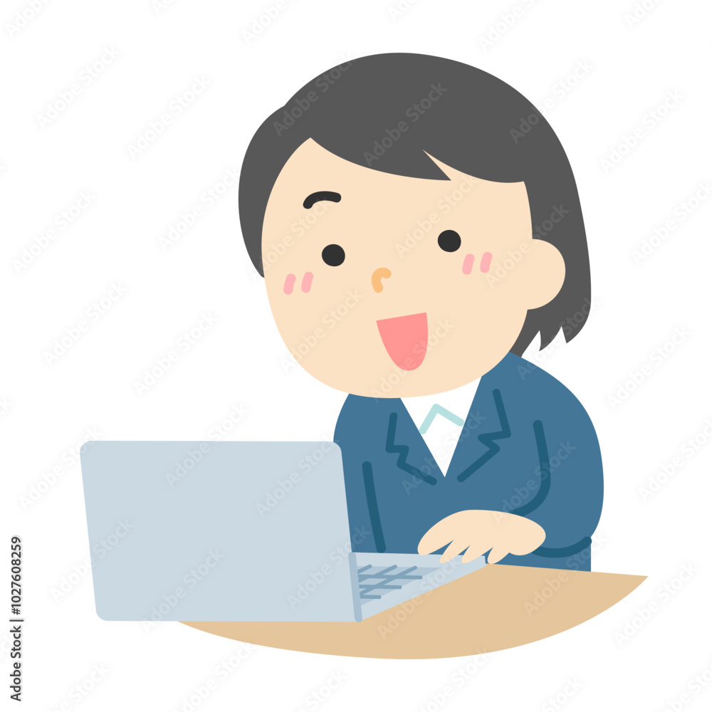 笑顔でパソコンで作業している女性の塗りイラスト 笑顔でパソコンで作業している女性の塗りイラスト