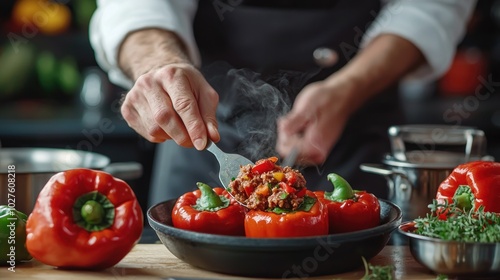 Chef preparing chiles en nogada, stuffing peppers with a flavorful meat mixture.