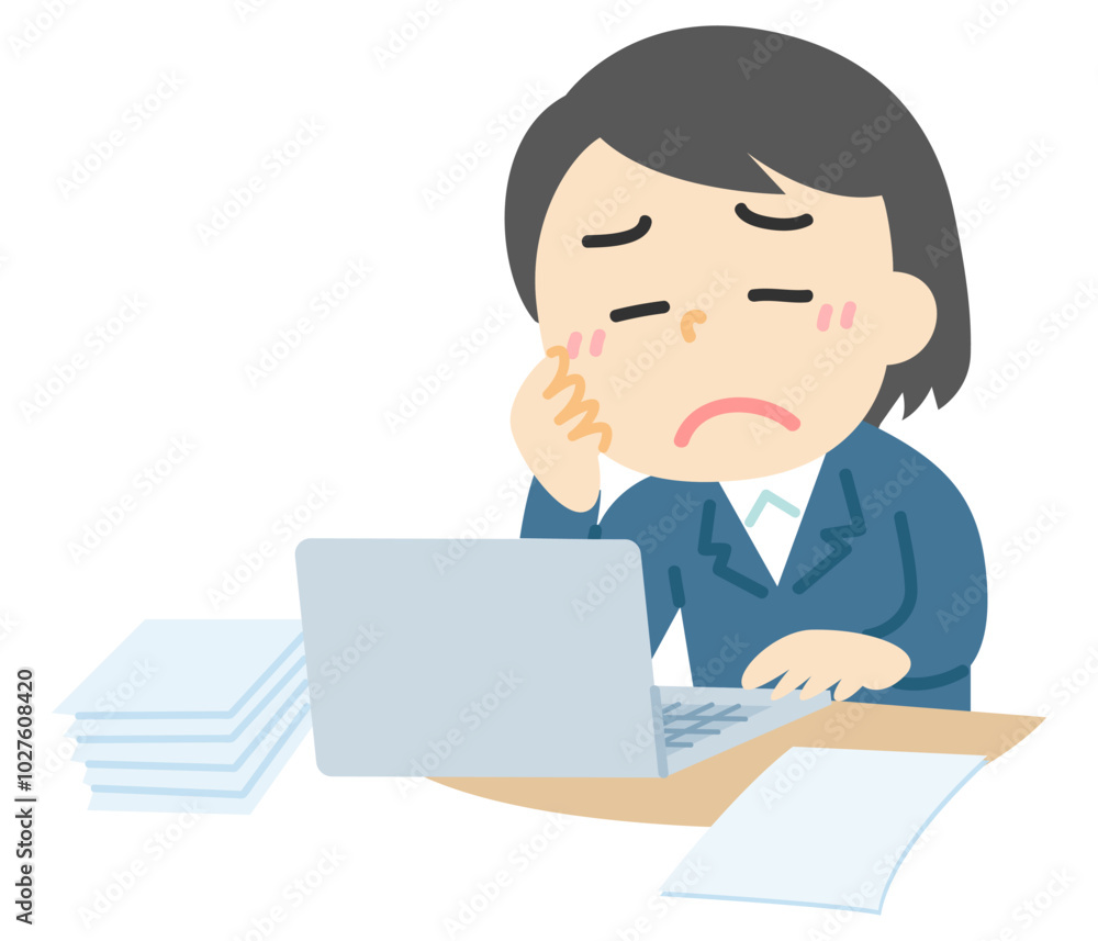 書類の山にパソコンの前で悩む女性の塗りイラスト 書類の山にパソコンの前で悩む女性の塗りイラスト
