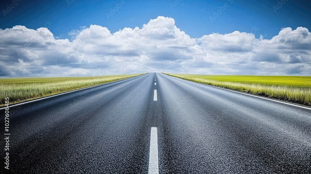 Naklejka premium Endless Highway Through Lush Green Fields Under a Blue Sky