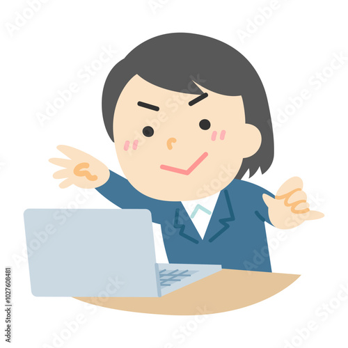 パソコンでバリバリ作業している女性の塗りイラスト