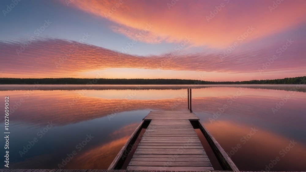 Fototapeta premium A wooden dock extending into a calm lake during sunrise, with beautiful pink and orange hues reflecting off the water. The peaceful morning atmosphere is perfect for a serene start to the day.