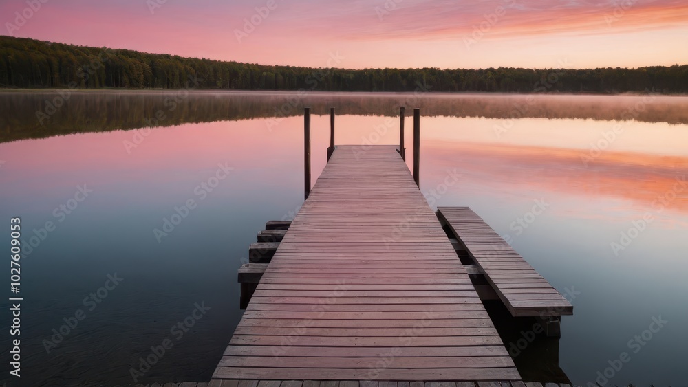 Fototapeta premium A wooden dock extending into a calm lake during sunrise, with beautiful pink and orange hues reflecting off the water. The peaceful morning atmosphere is perfect for a serene start to the day.