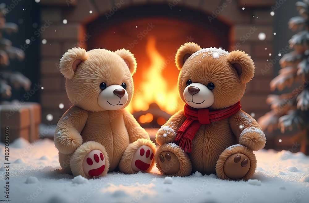 Two cute teddy bears sitting on a snowy surface in front of a warm fireplace, with falling snowflakes Two cute teddy bears sitting on a snowy surface in front of a warm fireplace, with falling snowflakes