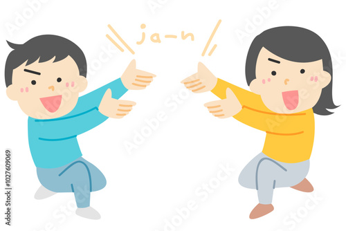 片膝をついて発表する男性と女性の塗りイラスト