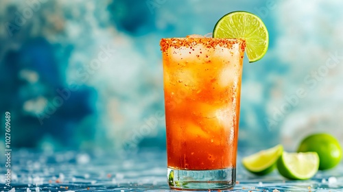 A Sangrita cocktail served in a tall glass with a chili salt rim, against a sleek, abstract blue and white marble background with splashes of lime green photo