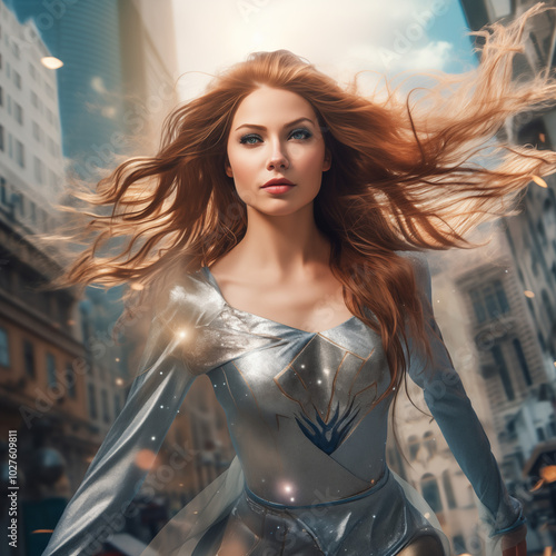 Female in silver suit flying under the city. Superhero lady. Girl power. Rescue and justice. Feminism. Photography generated by AI technology