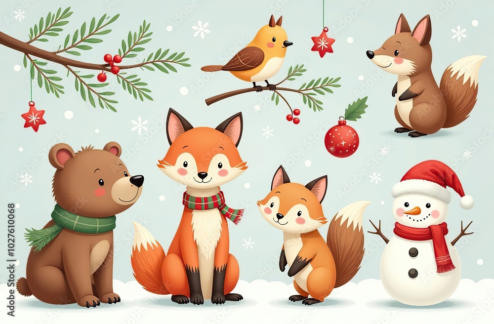 Naklejka premium Christmas collection with cute animals: bear, fox, squirrel, bird, Santa Claus, Snowman and christmas decorative elements