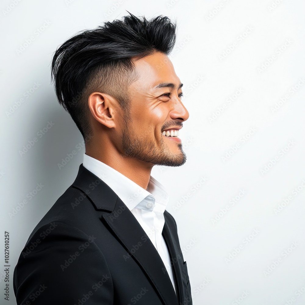 Confident Asian Businessman Smiling and Looking Up Confident Asian Businessman Smiling and Looking Up