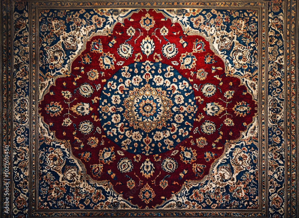 Persian rug with rich geometric patterns and floral accents Persian rug with rich geometric patterns and floral accents