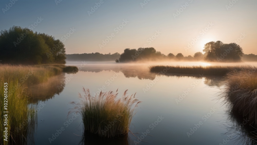 A serene morning scene by a lake with reeds and grasses bathed in golden light as the sun rises. The mist over the water creates a peaceful and atmospheric landscape A serene morning scene by a lake with reeds and grasses bathed in golden light as the sun rises. The mist over the water creates a peaceful and atmospheric landscape