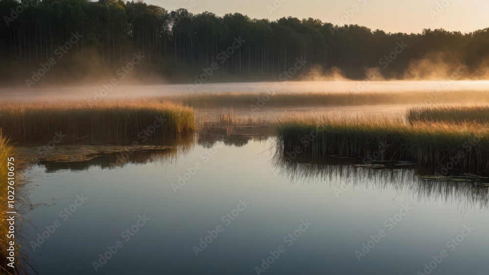 Fototapeta premium A serene morning scene by a lake with reeds and grasses bathed in golden light as the sun rises. The mist over the water creates a peaceful and atmospheric landscape