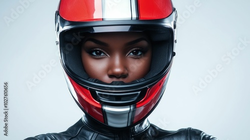 Portrait of Woman Wearing Red Motorcycle Helmet photo