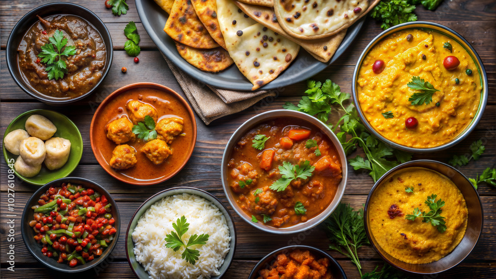 An assortment of traditional dishes served on a wooden table. An assortment of traditional dishes served on a wooden table.