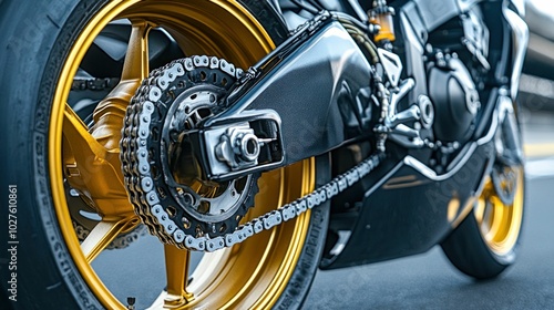 Close-up of Motorcycle Wheel with Golden Rim photo