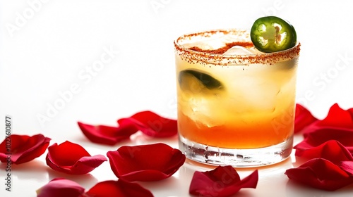 A Sangrita cocktail with fresh jalapeno slices and a pinch of smoked paprika, isolated against a stark white background with vibrant red rose petals surrounding the glass photo