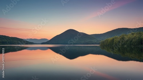 A tranquil sunrise at a small lake surrounded by lush green hills, with pastel pink and blue hues in the sky reflecting on the calm water. The serene atmosphere creates a perfect natural harmony