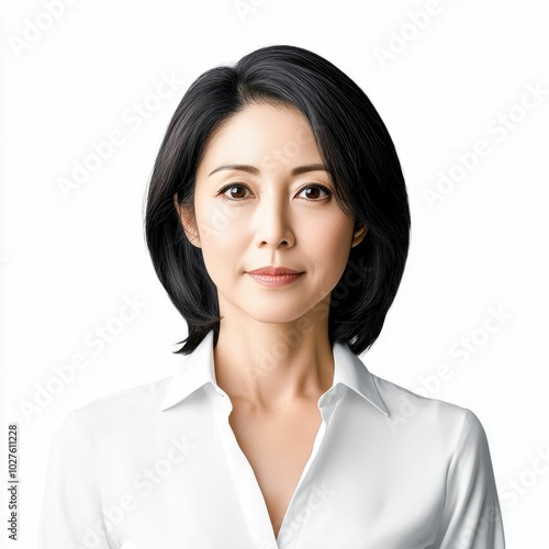 Portrait of a Woman in a White Shirt on a White Background