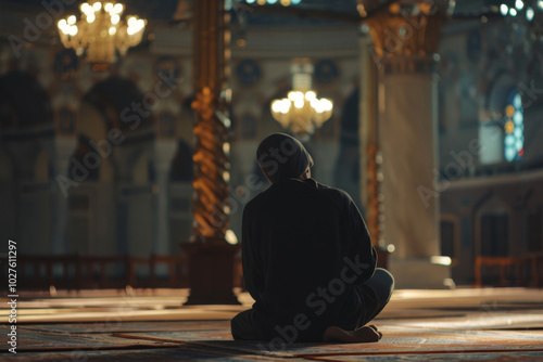 Person praying in mosque interior, depicting peace and spirituality